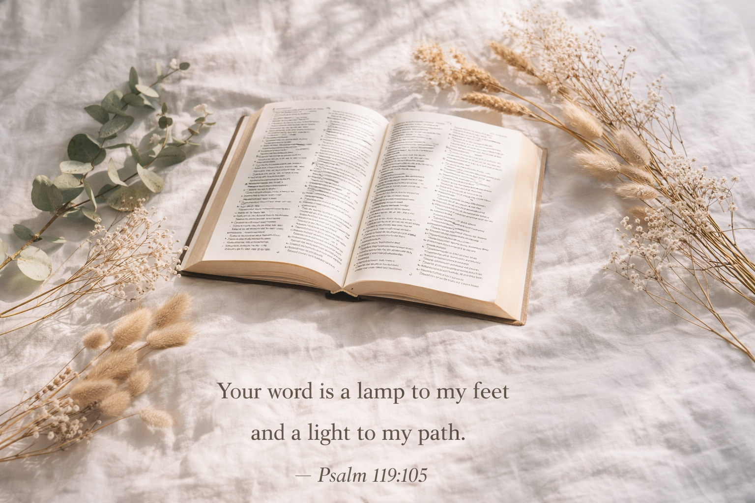 Aesthetic Bible Verse Wallpaper -- Dried Flowers and Open Bible